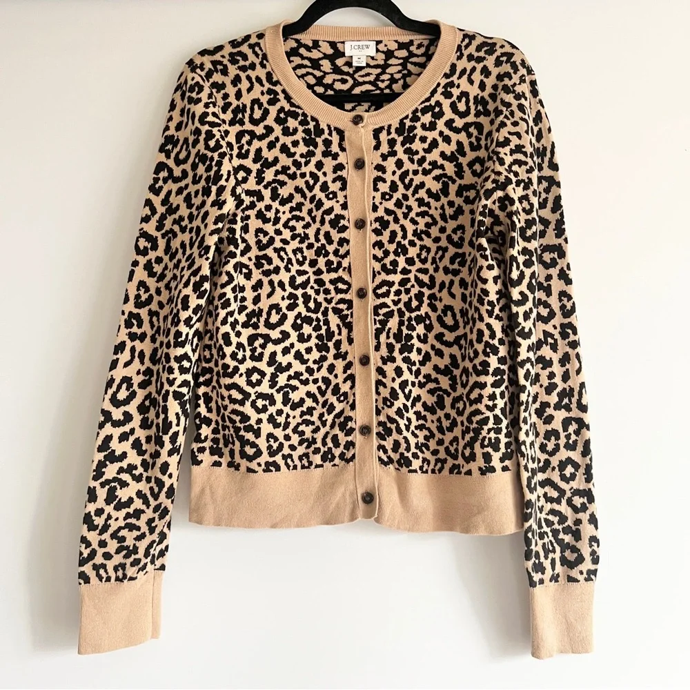 J. Crew Leopard Print Cotton Cardigan Sweater Size Medium